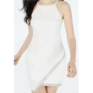 BCX DRESS L Junior White Halter Asymmetrical Rhinestone cocktail dress NWT B155
